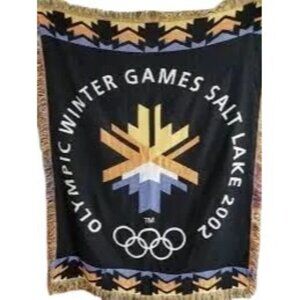 Vtg 2002 Olympic Winter Games in Salt Lake City Tapestry Fringed Throw Blanket